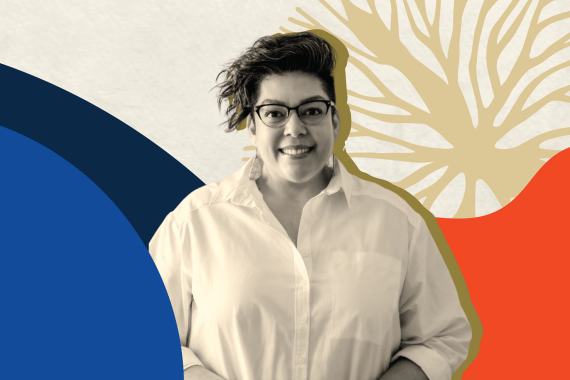 Headshot of Anathea Chino, Executive Director of Advance Native Political Leadership (Adavance), set against blue, red, cream and light brown abstract graphics.