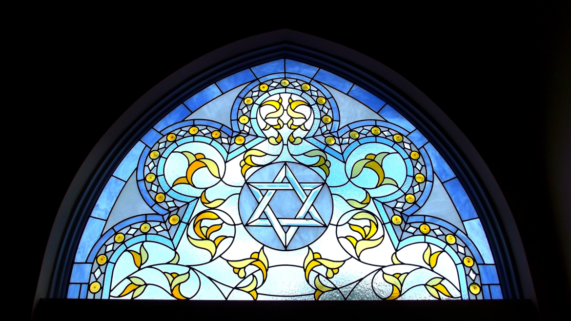 Stained glass window with Star of David