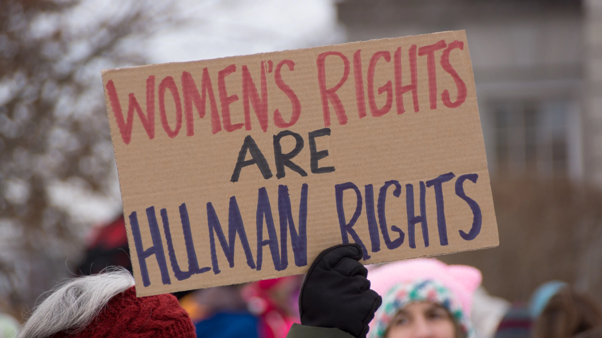 Cardboard sign at a rally: Women's Rights are Human Rights