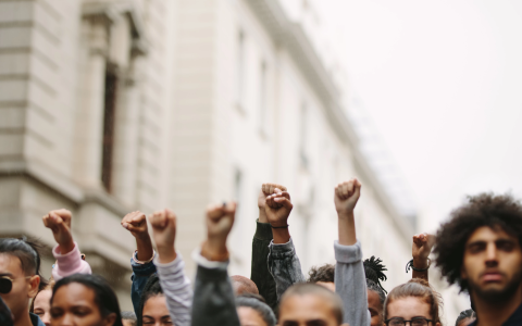Peaceful crowd, fists raised in gesture of power